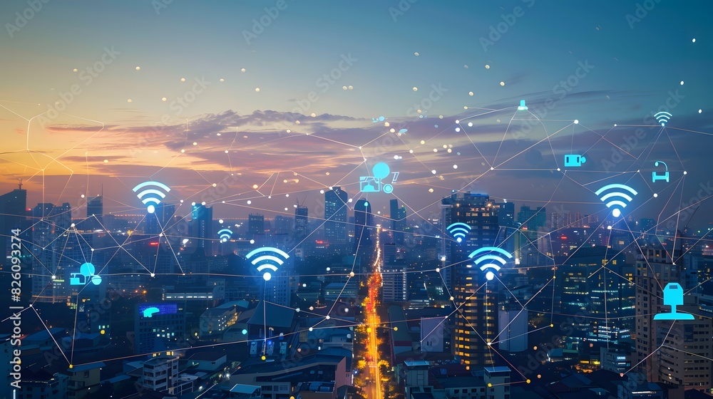 Poster a futuristic urban landscape showcasing a network of interconnected iot devices supported by 5g, enh