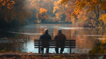 Serene Moment: Two Men Relaxing on a Park Bench by the River