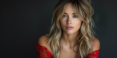 Naklejka premium A portrait of a stunning woman with long blonde hair in a red lace top, exuding elegance and style
