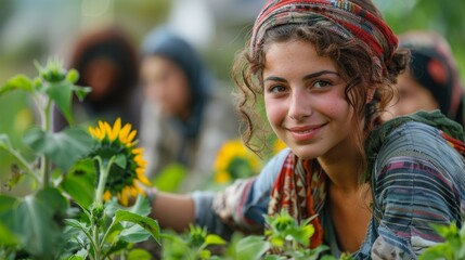 community gardening, in a diverse neighborhood, residents come together to plant sunflowers in a community garden, led by an arab woman teaching eager teens