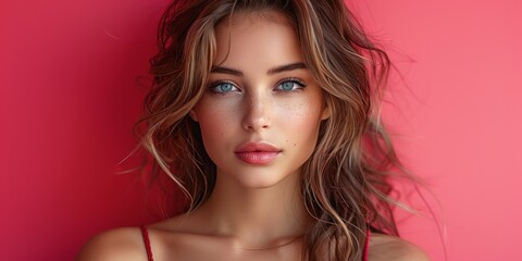 Obraz premium Portrait of a Beautiful Woman with Freckles and Wavy Hair against a Pink Background