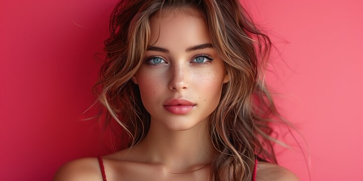 Portrait of a Beautiful Woman with Freckles and Wavy Hair against a Pink Background