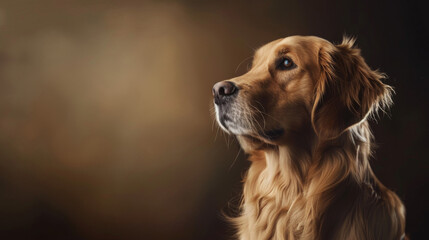 Golden Retriever profile in dramatic lighting against a dark background, showcasing the elegance and beauty of the breed.