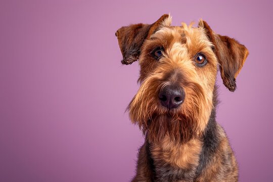 Airedale Terrier dog on minimalistic colorful background with Copy Space. Perfect for banners, veterinary ads, pet food promotions, and minimalist designs.