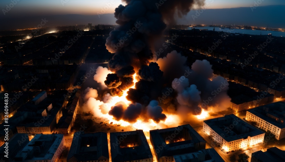 Poster a devastating explosion envelops buildings in a cityscape at night, illuminating the dark skyline wi