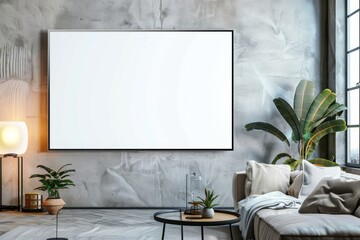 Modern Urban Living Room with Blank Canvas on Concrete Wall