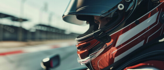 Close-up of a focused driver in a racing helmet, ready on the track.
