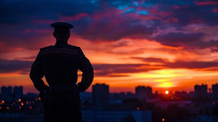 Striking silhouette of a policeman in uniform standing alert during a peaceful sunset, overlooking the city