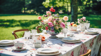 Fototapeta premium Table setting with floral arrangements, crystal glasses in an outdoor garden with natural light on a summer day.