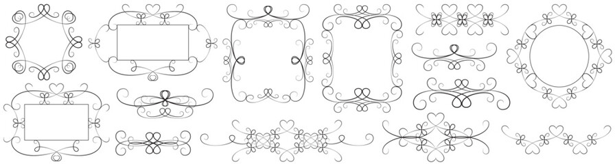 Set of contour vector decorative elements: frames, vignettes, borders, page dividers, banners with curls, hearts, and bows.