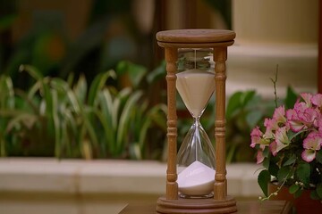 Wooden hourglass with white sand in a garden setting, natural and serene, vibrant and peaceful atmosphere