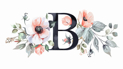 Letter B with watercolor flowers and leaf. Monogram icon