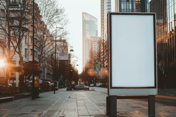 Urban Sunset with Blank Billboard on City Street