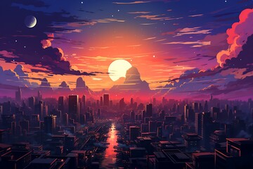 Woman looking at the sunset in the city. 3d illustration.