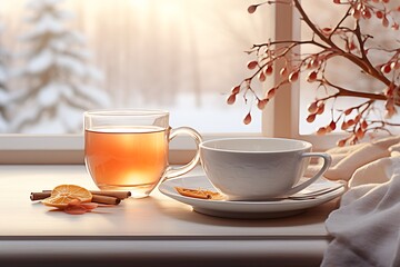 Fototapeta premium Cup of tea with cinnamon on the windowsill. Winter background