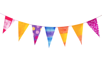 Multicolored bunting isolated on transparent white background, clipping path