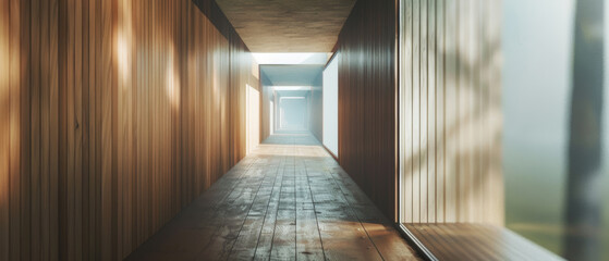 Long hallway bathed in sunlight with modern wooden aesthetics.