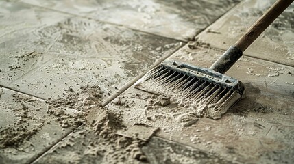 Dust and debris are carefully swept away to ensure a clean surface for the tiles to be laid.