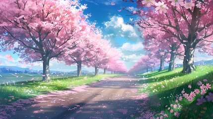 A countryside road lined with cherry blossom trees