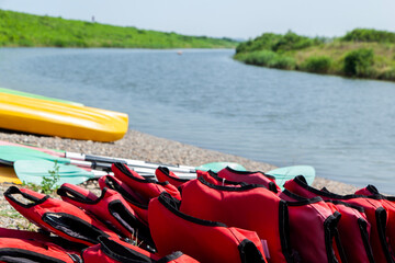 View of the life vests against the lake