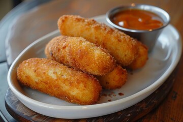  french cheese crispy potato croquettes with ketchup on a white plate on a wooden background