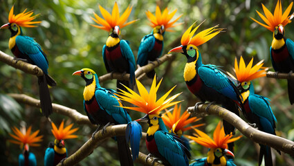 This image shows several blue birds with yellow crests sitting on a branch.

 - Powered by Adobe