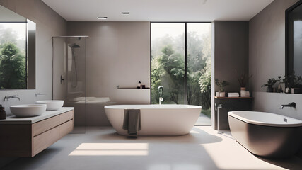 Fototapeta premium Modern minimalist bathroom interior, Generative AI