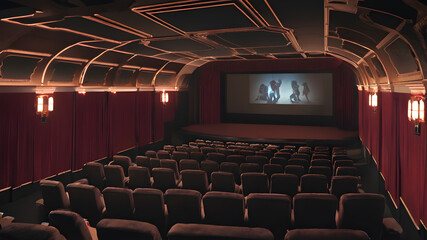 Naklejka premium Cinema hall with red seats, Generative AI