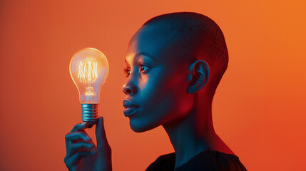 Black woman holding a light bulb with her hand