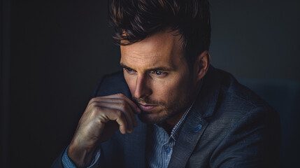 Thoughtful man dressed in suit on dark background