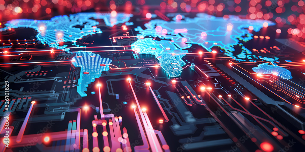 Wall mural tech world map, computing global network, artificial intelligence connectivity electronic circuits