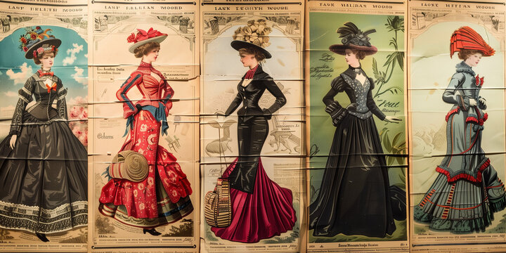 Series of retro fashion posters with women showcasing various 19th-century dresses