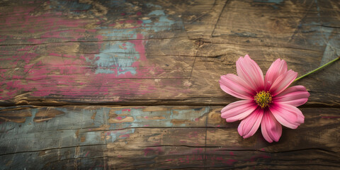 A vibrant pink flower lays on a textured, multicolored wooden surface, providing a contrast between natural beauty and rustic charm