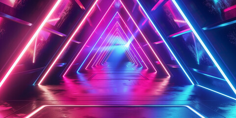 A richly illuminated pathway with a triangular ceiling of neon lights, creating a sense of depth and high-tech ambience