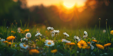 Vibrant Flowers in Grass with Sunset Background