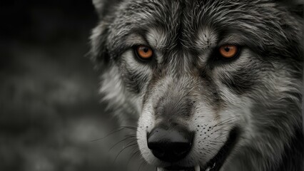 Intense Gaze: Grayscale Wolf Portrait with copy space
