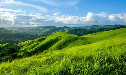 Obraz premium Landscape view of green grass on slope with blue sky , Generative AI