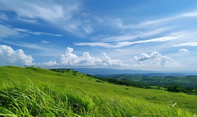 Obraz premium Landscape view of green grass on slope with blue sky , Generative AI