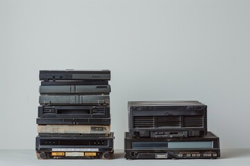 Obraz premium A stack of cassette players sitting on top of each other