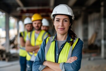 Confident Female Construction Worker with Team on Site