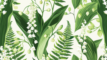 Lily of the valley with fern seamless pattern. Hand drawn