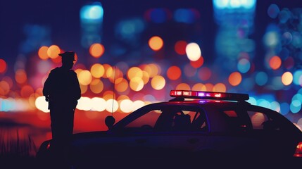 Observant silhouette of a policeman standing by his patrol car, with the city lights creating a dramatic background