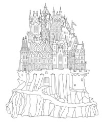 Fairy tale castle fortress. Hand drawn black and white architectural sketch for coloring book page
