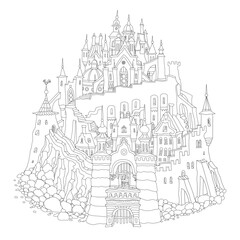 Obraz premium Fairy tale castle fortress. Hand drawn black and white architectural sketch for coloring book page