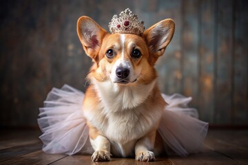 A beautiful portrait of a cute red Welsh Corgi dog, dressed in a pink tutu and with a crown on her...