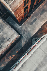 Aerial view of an empty urban alleyway, focusing on the clean lines and geometric shapes created by the buildings and pavement. Emphasize the minimalist beauty of the structured space. 