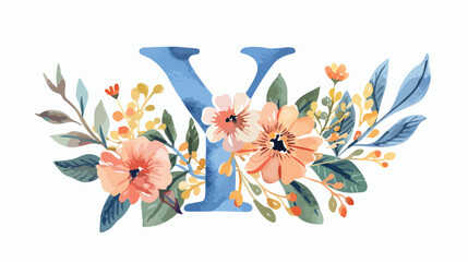 Monogram letter y with watercolor flowers and leaf