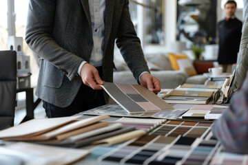Interior designer presenting a mood board to clients, showcasing fabric samples