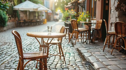  Empty Cafe Chairs, Outdoor cafe setting with empty chairs and tables on a cobblestone street, inviting customers