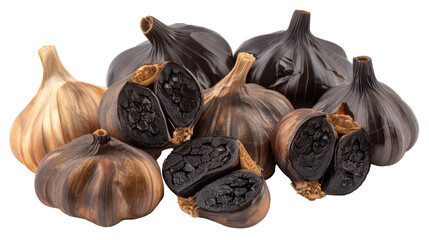 Several black garlic bulbs arranged neatly on a white background, showcasing their unique color and texture